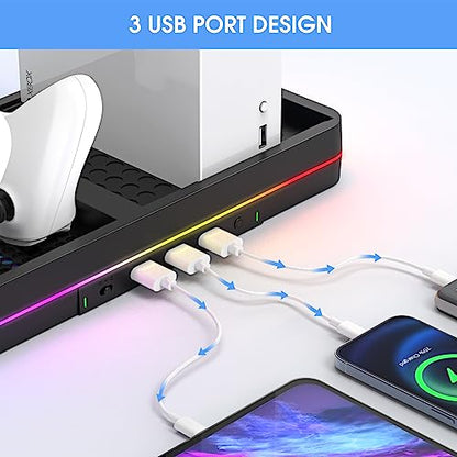 KEPLUG Dual Cooling Fan and Cooling Stand for Xbox Series X/S Console/Controller Dual Controller Charger Station with RGB LED Light & 3 USB Ports,Xbox Series x Accessories with 2 Headphone Hooks - color: Black