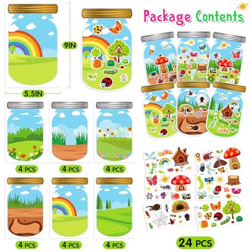 24 Sheets Insect Stickers with Jar Scenes, Make Your Own Bug Jar Stickers, Spring Crafts Activities for Kids Spring Party Decorations Supplies for Kids - style: Bugs Jar 24 Sheets