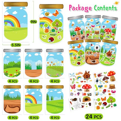 24 Sheets Insect Stickers with Jar Scenes, Make Your Own Bug Jar Stickers, Spring Crafts Activities for Kids Spring Party Decorations Supplies for Kids - style: Bugs Jar 24 Sheets