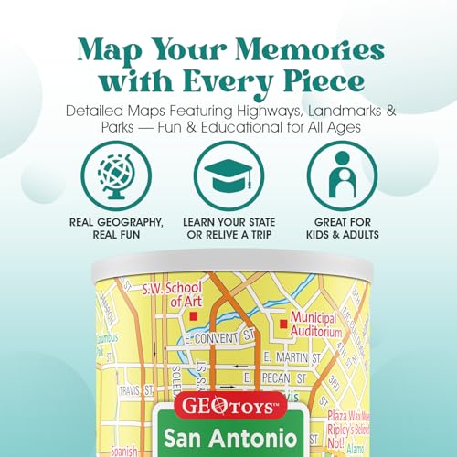 Geotoys San Antonio Mini City Puzzle - 100 Piece Puzzles for Kids and Adults in Portable Can, 13" x 10" Educational Travel Puzzle for Ages 7 and Up - Mini Puzzles to Learn & Explore Geography - style: San Antonio