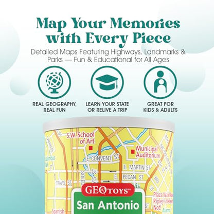 Geotoys San Antonio Mini City Puzzle - 100 Piece Puzzles for Kids and Adults in Portable Can, 13" x 10" Educational Travel Puzzle for Ages 7 and Up - Mini Puzzles to Learn & Explore Geography - style: San Antonio