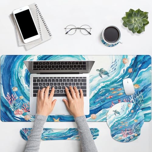 Arttown Keyboard Mouse Pad Set, 4 in 1 Desk Mat Set Ocean Dolphin | Turtle Blue Large Mousepad+Keyboard Wrist Rest+Mouse Wrist Rest+Coaster Ergonomic Design for Home Office Computer - color: Blue Ocean