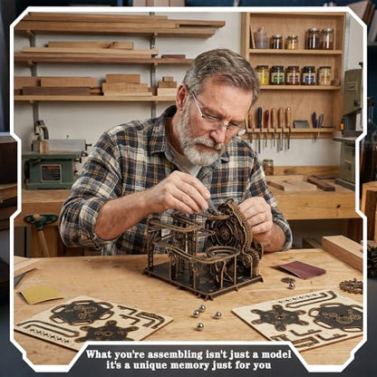 3D Wooden Puzzles for Adults, Mechanical Marble Run Model Kits to Build, DIY Wooden Puzzle with 6 Steel Marbles, Unique Birthday Gifts for Women Men - color: Darkwood Golden Wheel