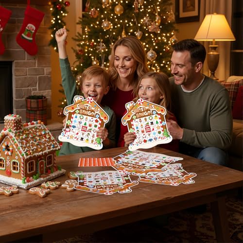 Blosssound Christmas Gingerbread Bingo Game – 24 Players Holiday Bingo Cards with Gingerbread House Theme, Winter Party Game for Family Classroom Activities Christmas Party Favors - style: Gingerbread