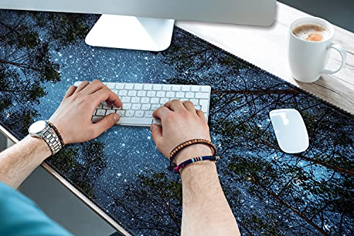 XXL Waterproof Office Desk Pad Protector 35.4x15.7 Inch - Extended Gaming Mouse Pad with Non-Slip Rubber Base, Thickened Keyboard Mat, Stitched Edges & Forest Starry Design - color: Blue
