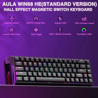 AULA WIN68 HE Mechanical Gaming Keyboard 60%, Hall Effect Magnetic Switch, Fast Trigger Mode Adjustable Actuation, 8000Hz Polling Rate, RGB Backlit, Wired Black Keyboard for Laptop/PC Gamer - color: Black-standard version