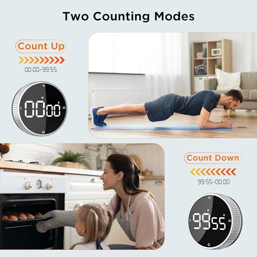 Digital Kitchen Timer - Magnetic Countdown Count Up Clock with Large LED Display, 5/15/25 Min Presets, 3 Volume Levels, Rotary Dial for Cooking, Productivity, Classroom, Fitness (1, Silver) - color: Silver