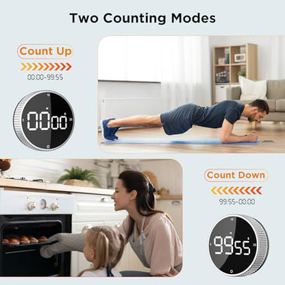 Digital Kitchen Timer - Magnetic Countdown Count Up Clock with Large LED Display, 5/15/25 Min Presets, 3 Volume Levels, Rotary Dial for Cooking, Productivity, Classroom, Fitness (1, Silver) - color: Silver