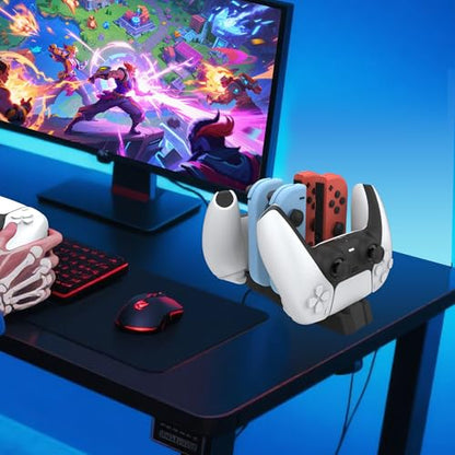 iPLYGAM Controller Charger Dock for Nintendo Switch Pro Controller/JoyCon, Controllers Charging Dock with LED Indicator and Charger Cable for PS5 Controllers, 6 in 1 Gamepad Charging Stand