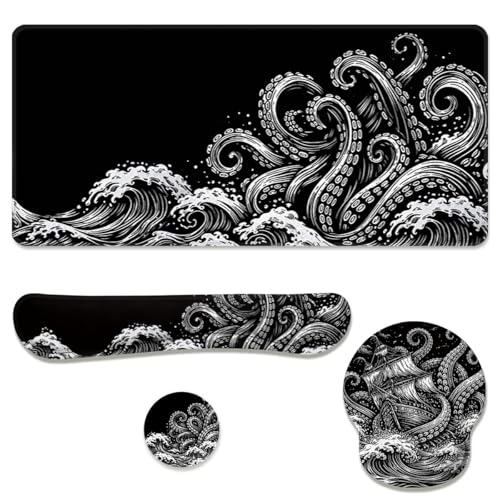 Dark Ocean Desk Mat Set Kraken Wave Art Large Mouse Pad with Wrist Rest 4-in-1 Desk Mat for Desktop Ergonomic Keyboard Wrist Support Anti-Slip Computer Ergonomic Mouse Pad Home Office Gaming - color: Dark Ocean, size: 34.5" x 15.7"