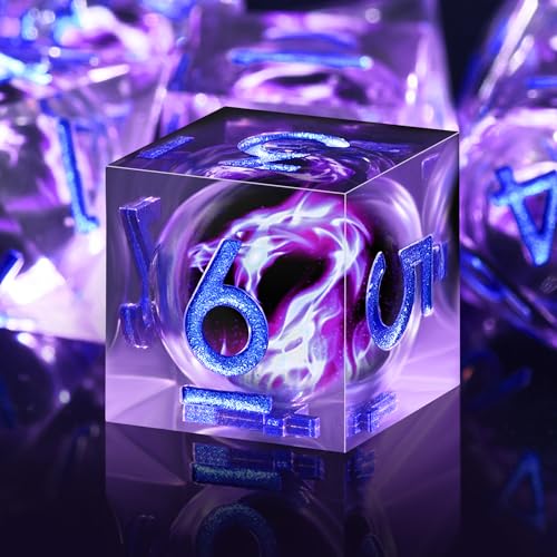 AUSTOR Violet Flame Dragon Dice Set - 7 Pieces Resin Dice: D20, D12, D10, D8, D6, D4 with Case - color: Violet Flame Dragon