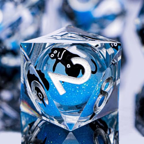 DND Cat Dice Set Blue Sharp Edge Dice with Box, RPG D and D Dice Dungeons Dragons Role Playing Game Polyhedral Resin Dice Set D20 D12 D10 D8 D6 D4 - color: Silver Blue