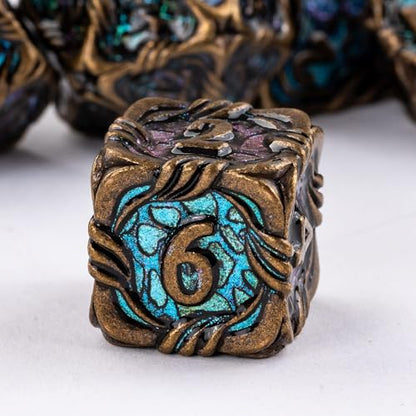 7-Die Metal DND Dice Set Role Playing Dice for RPG Table Games | Vine Design PU Leather Pouch for Dungeons and Dragons - color: Vine-bronze Color-changing