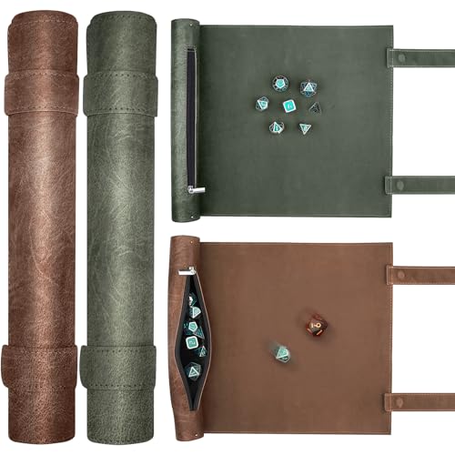 SIQUK 2 Pieces Magnetic Dice Mat Tray Rolling Mat with Zipper PU Leather Folding Scroll Dice Holder for D&D RPG Games (Green, Camel) - color: Green, Camel