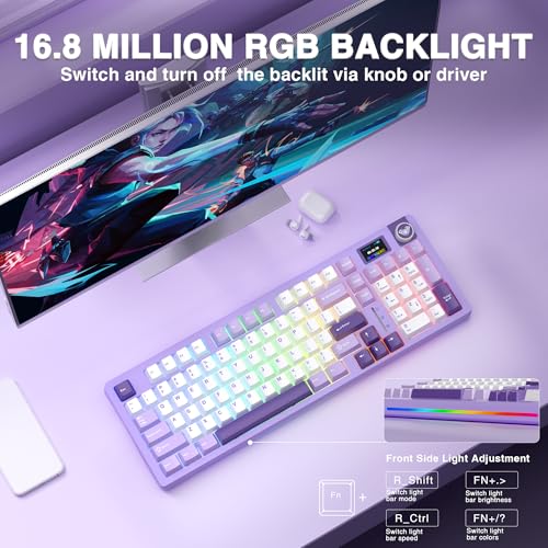 AULA S98 Pro Wireless Mechanical Keyboard with Screen & Knob, Tri-Mode Creamy Keyboard with Number Pad, Pre-lubed Linear Switches, Hot Swappable RGB Backlit Computer Gaming Keyboards for PC/Laptop - color: White&Purple