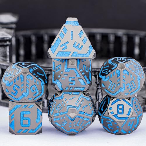 Metal DND Sci-fi Dice Set 7PCS Luminous Orange Stripe Polyhedral Dice for Dungeons Dragons RPG Role Playing Game, Glitter D and D Dice with Gift Box D6 D8 D10 D12 D20 - color: Nightlight - Blue