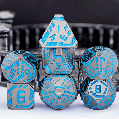 Metal DND Sci-fi Dice Set 7PCS Luminous Orange Stripe Polyhedral Dice for Dungeons Dragons RPG Role Playing Game, Glitter D and D Dice with Gift Box D6 D8 D10 D12 D20 - color: Nightlight - Blue