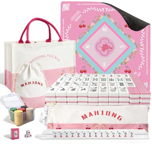 166 American Mahjong Tiles Set with Mat, Racks and Accessories | Mahjong Game with Portable Storage Bags, 4 All-in-One Color Rack/Pushers, Scoring, Plastic Coins Dices for Adults & Beginners - color: Pink