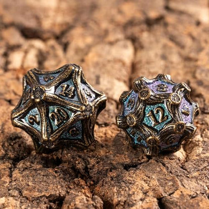 7PCS Metal DND Dice Bronze Blue Metal Dice Set D&D for Board Games | Leather Storage Bag, DM Gift, for Dungeons and Dragons Role Playing Games - color: Metal Tree-bronzeblue