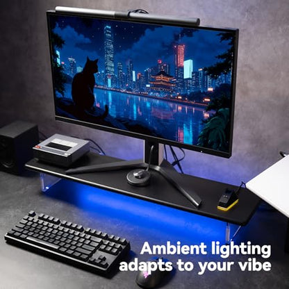 Bamboo Monitor Stand, Desk Shelf with Acrylic Legs and RGB Lights | 31.5-Inch Wide, 3.3-Inch Clearance, Fits Monitor, Laptop, Printer and Speakers for Small Desks - color: Black x RGB Light