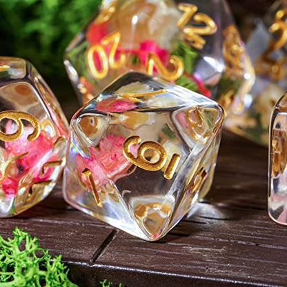Cusdie 7-Die DND Dice, Polyhedral Dice Set Filled with Flowers, for Role Playing Game D&D Dice (Rose/White w/Golden Numbers) - color: Rose/White W/Golden Numbers
