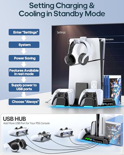 PS5/Slim/Pro Stand and Cooling Station with LED Controller Charging Station for PlayStation 5 Console, Controller Charger, Cooling Stand, PS5/Slim/Pro Accessories Kit with 3 Level Cooling Fan - Black - color: Black