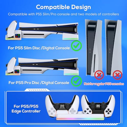 RGB Horizontal Cooling Station Stand for PS5 Slim/Pro Console | 2 Controller Charger, Auto Silent Cooling Fan, 14 Light Modes, Headset Holder, Disc & Digital Compatible