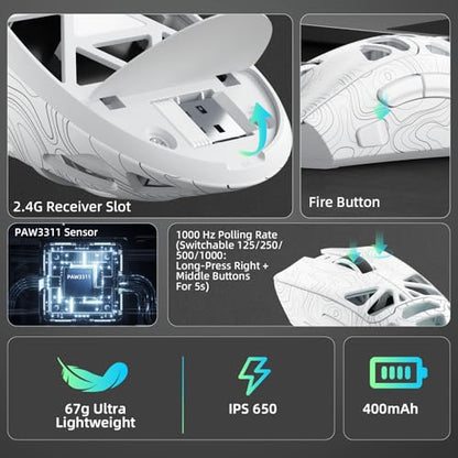 Aula SC620 Wireless Gaming Mouse, Tri-Mode 2.4GHz/USB-C/BT5.3 Computer Mouse with 12000 DPI, Programmable Macro Gamer Mouse with Rapid Fire Key, RGB Light Gaming Mice for PC/Laptop/Mac (Line White) - color: Line white