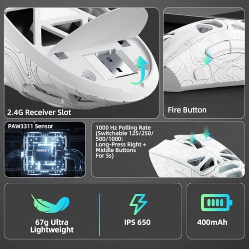 Aula SC620 Wireless Gaming Mouse, Tri-Mode 2.4GHz/USB-C/BT5.3 Computer Mouse with 12000 DPI, Programmable Macro Gamer Mouse with Rapid Fire Key, RGB Light Gaming Mice for PC/Laptop/Mac (Line White) - color: Line white