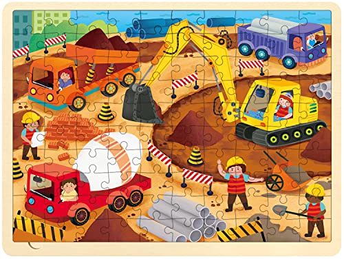 100 Piece Puzzles for Kids Ages 4-8, Construction Site | Wooden Jigsaw Puzzle for 3 4 5 6 Year Old, With Tray - style: 100 Piece