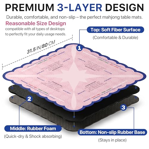 Mahjong Mat 31.5x31.5 inches – Quiet, Foldable Table Mat for Mahjong, Card Games & Board Games, 3-Layer Noise-Reducing Design, Waterproof & Easy-Clean, Includes Storage Bag (Pink - Wavy Edge) - color: Pink - Wavy Edge