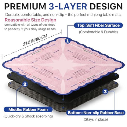 Mahjong Mat 31.5x31.5 inches – Quiet, Foldable Table Mat for Mahjong, Card Games & Board Games, 3-Layer Noise-Reducing Design, Waterproof & Easy-Clean, Includes Storage Bag (Pink - Wavy Edge) - color: Pink - Wavy Edge