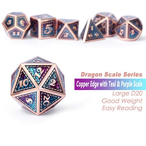 DNDND Metal D&D Dice Set,7 Pieces Dragon Scale Metallic D&D Die with Gift Metal Case for Dungeons & Dragon Game (Teal and Purple with Copper Edge) - color: Teal and Purple With Copper Edge