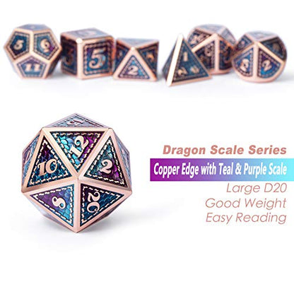 DNDND Metal D&D Dice Set,7 Pieces Dragon Scale Metallic D&D Die with Gift Metal Case for Dungeons & Dragon Game (Teal and Purple with Copper Edge) - color: Teal and Purple With Copper Edge
