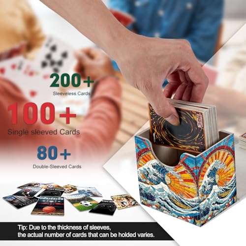 Card Deck Box, Card Storage Box Fits 100+ Single Sleeved Cards, Large Capacity PU Leather Card Storage Box with Strong Magnet for Magic Commander TCG/CCG, Japanese Wave - color: Japanese Wave