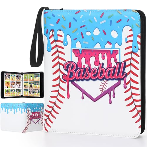 Pasimy 900 Pockets Ice Cream Drip Baseball Card Binder for Trading Cards 9 Pockets with 50 Removable Sleeves 3 Ring Baseball Card Holder Binder with Zipper for Sport Collection Book Storage Album - color: Blue, size: 13.39 x 11.42 Inch, style: Ice Cream