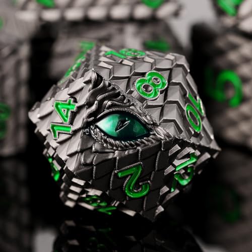 Metal Dice Set D&D,7 PCS Dragon Scale Metallic DND Dice Set,Dragon Eye Metal Dice with Grogeous Gift Case for Dungeons and Dragon Tabletop Game (Black Dragon Scale & Green Eye) - color: Black Dragon Scale & Green Eye
