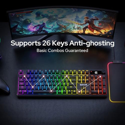 Redragon K526 PRO RGB Wireless Membrane Gaming Keyboard, 104 Keys Mechanical-Feel Keyboard w/LED Info Display, Media/Backlit Knob Control, Smooth Linear Switch & Software Supported - color: Black