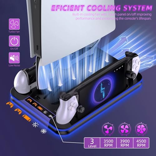 PlayStation Portal Charger, PS5 Stand and Cooling Station with RGB LED Controller Charging Dock Accessories, PS5 Edge Controller and PS Portal Charger, Headset and Remote Holders - color: Black