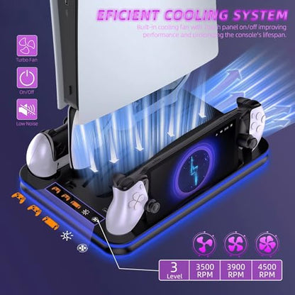 PlayStation Portal Charger, PS5 Stand and Cooling Station with RGB LED Controller Charging Dock Accessories, PS5 Edge Controller and PS Portal Charger, Headset and Remote Holders - color: Black