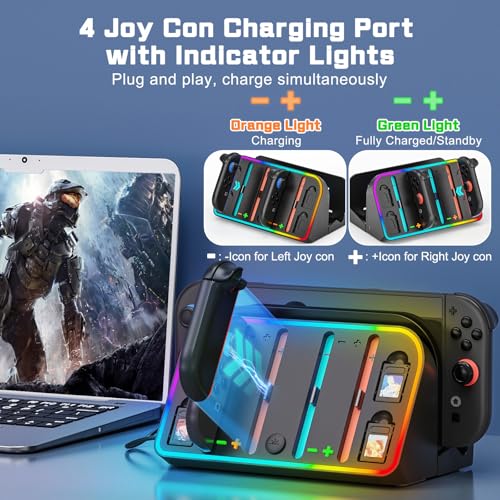 Switch 2 Wall Mount, Wall Mount Stand for Nintendo Switch 2 (2025) Console with 4 Joy Con Charger Ports and 7 RGB Modes Light, Space Saving Dock with Cooling Vent Design & Easy Installation