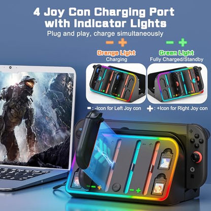 Switch 2 Wall Mount, Wall Mount Stand for Nintendo Switch 2 (2025) Console with 4 Joy Con Charger Ports and 7 RGB Modes Light, Space Saving Dock with Cooling Vent Design & Easy Installation