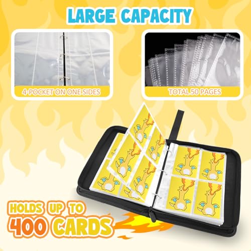 Premium Collectible Trading Card Albums，Card Binder Fits 400 Cards with 50 Removable Sleeves，Display Game Card Case book Holder, Fire Dragon Themes - color: 01 fire dragon