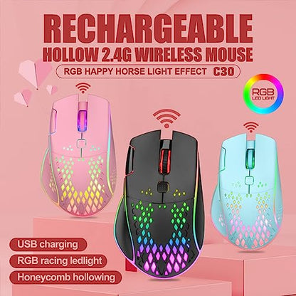 VEGCOO Wireless Gaming Mouse, C30 Silent Click Wireless Rechargeable Gaming Mouse with Double-Click Key and Colorful LED Lights, 3 Level Adjustable DPI for Gaming and Working (Blue) - color: Blue