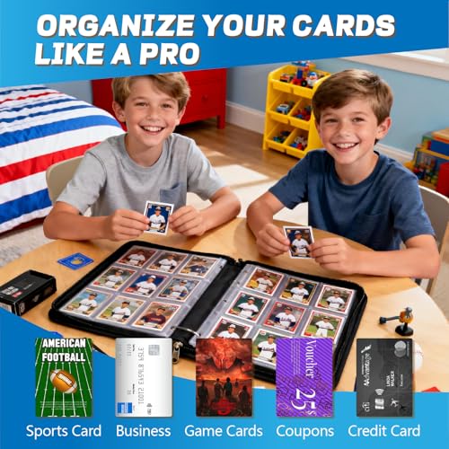 Football Card Binder with Sleeves, 9-Pocket Portable Card Protectors Album Holder Book with Zipper, Fits 900 Cards with 50 Removable Sleeves, Football Cards Display Storage Carrying Case - color: Football-02