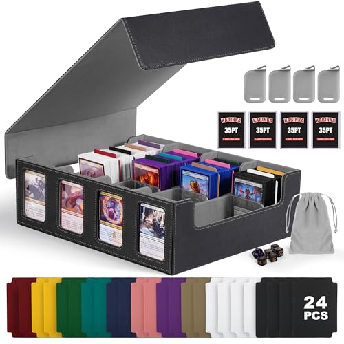 Kabinka Trading Card Storage Box with Commander Display, 4-Row Deck Case with Removable Lid; 2400+ Card Deck Box for MTG TCG Sports Card, 4 Top Loaders, 4 Stoppers, 24 Dividers,1 Dice Bag (Black) - color: A1-Black, size: 2400+
