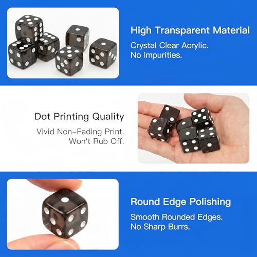 12 Piece 19 mm Casino Style Dice Set, Acrylic Translucent D6 Dice with Square Rounded Edge, Black for Craps, Table Games, Board Games, RPG, MTG, DND(Black) - color: Black