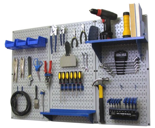 Wall Control Pegboard Organizer 4 ft. Metal Pegboard Standard Tool Storage Kit with Gray Toolboard and Blue Accessories - color: Gray Pegboard with Blue Accessories