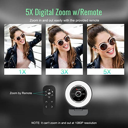 Angetube Streaming Webcam with Microphone, USB 1080P Web Cam w/Ring Light | Remote Control, 1080P@60FPS, 5X Digital Zoom, Built in Privacy Cover, HD Computer Web Camera for Desktop, PC, Laptop, Mac
