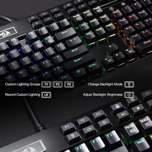 Redragon K550 RGB Gaming Keyboard, 104 Keys + 12 Macro G Keys Wired Mechanical Keyboard w/Aluminum Top Plate, Custom Clicky Purple Switch, Extra USB Port & Wrist Rest - color: Black